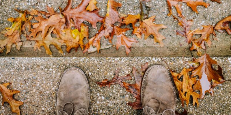 Shoes on stairs with leaves